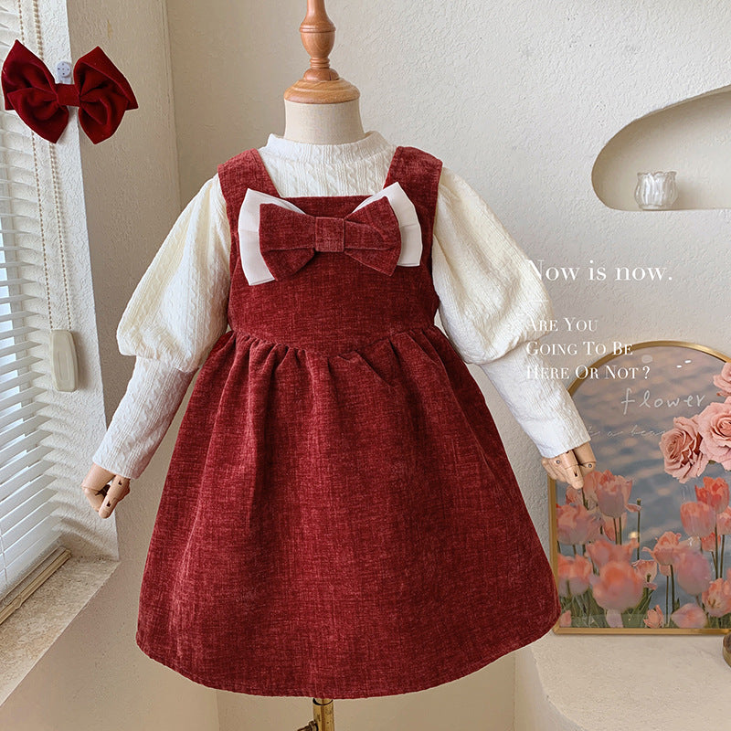 Girls' dress autumn and winter velvet thickened Korean version set, foreign style red baby girl one-year-old dress two-piece set