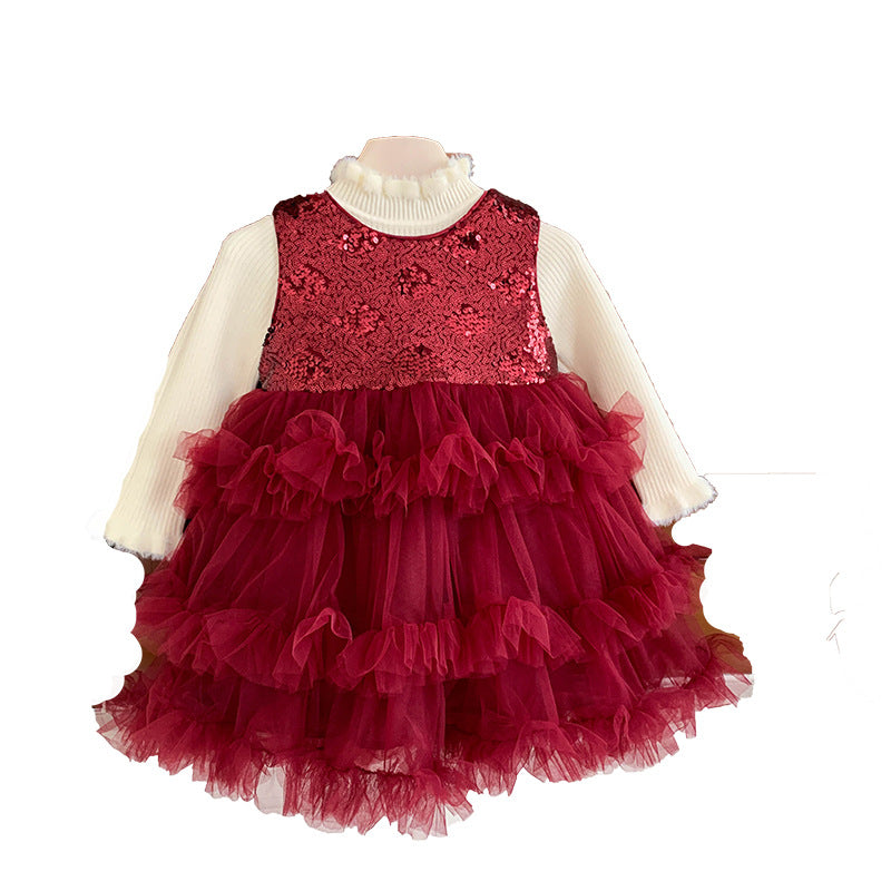Girls gauze skirt set winter velvet children's layer cake skirt winter baby birthday dress sweater without velvet