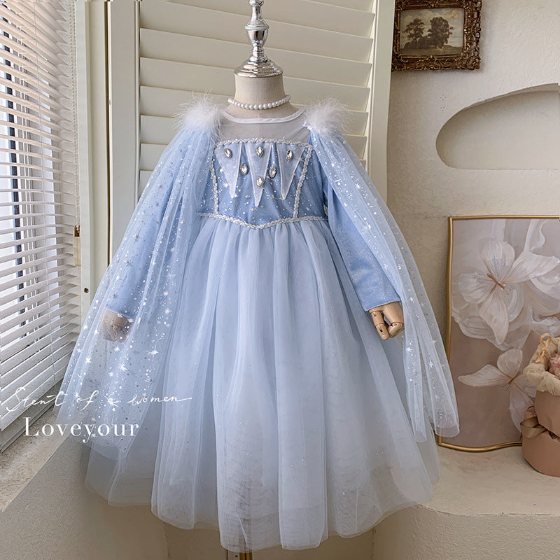 Female Treasure Fluffy Gauze Dress with Shawl Removable Frozen Dress