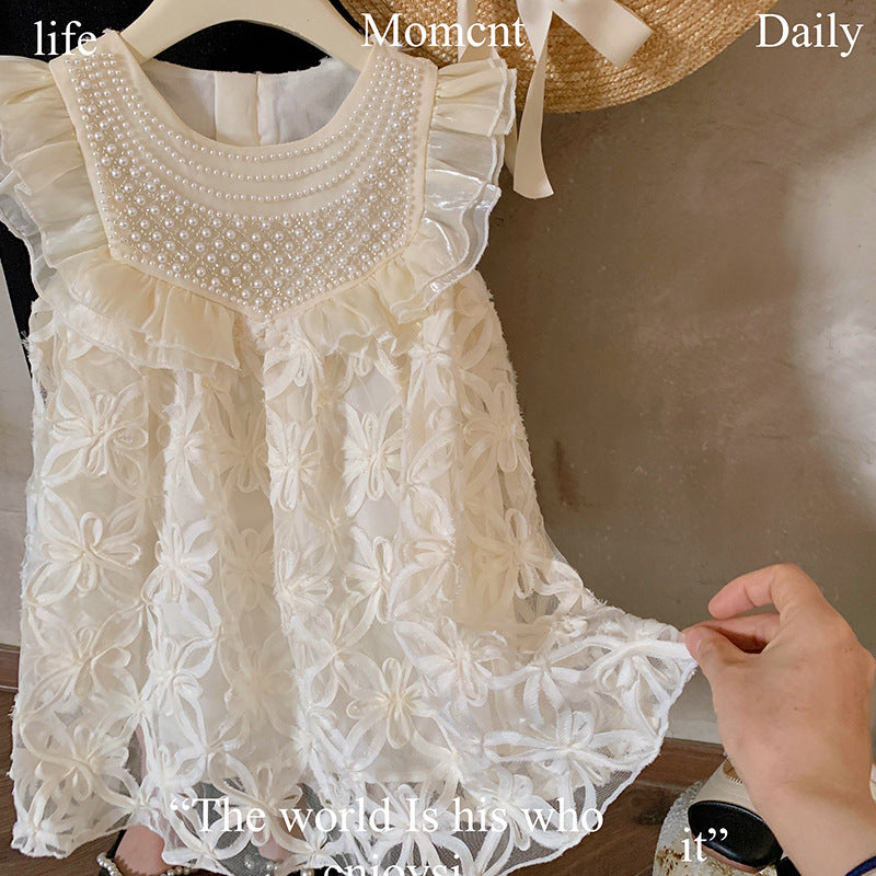 Girls dress 2024 summer new girls vest skirt little girl foreign princess hollow flower skirt