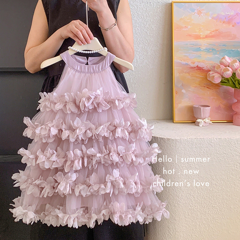 Princess dress girls summer 2025 new fashion neck layer petal fairy dress little girl cake dress