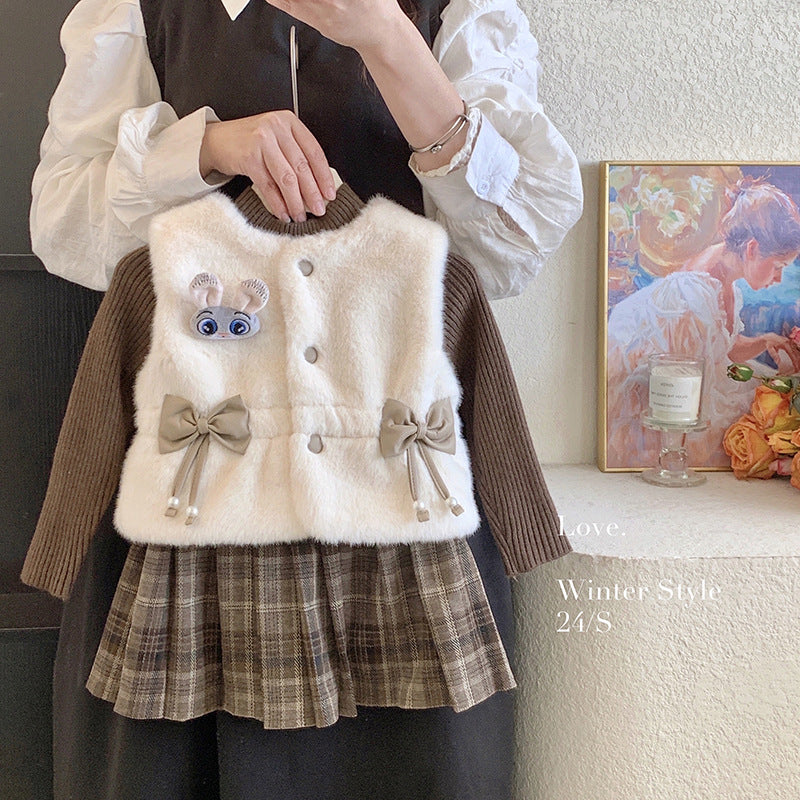 童装女童冬季毛毛马甲套装加绒裙子宝宝针织毛线衣三件套半身裙潮