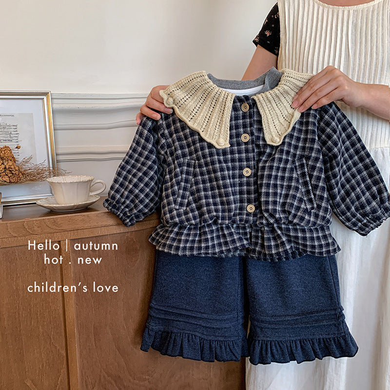 Girls' suit, spring and autumn 2025 new foreign-style baby girl fashionable plaid top, bottoming casual pants three-piece set