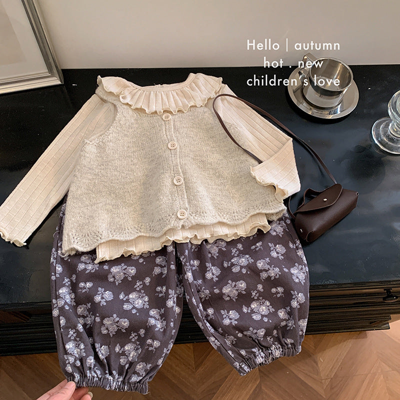 女童针织背心马甲秋季童装花边娃娃领上衣打底衫碎花裤子三套装