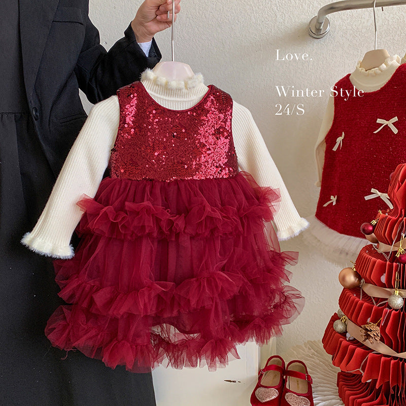 Girls gauze skirt set winter velvet children's layer cake skirt winter baby birthday dress sweater without velvet