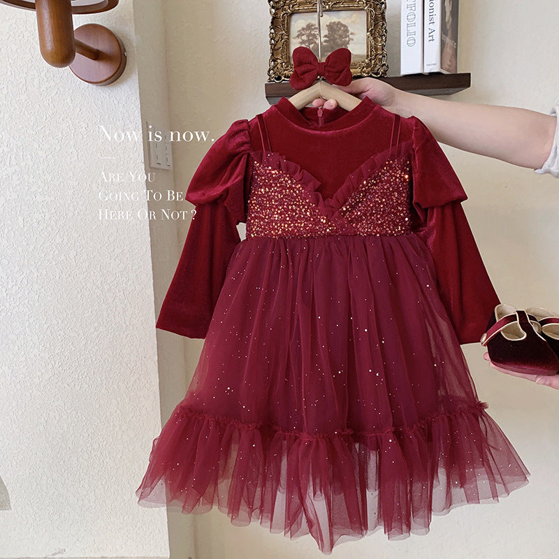 Girls dress Korean version winter children's foreign style velvet princess dress girls velvet red new year dress skirt