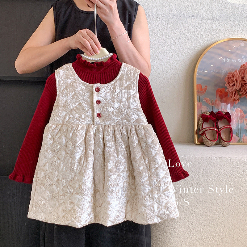 Korean version of girls' autumn and winter padded vest dress knitted top without velvet fashion foreign style two-piece set