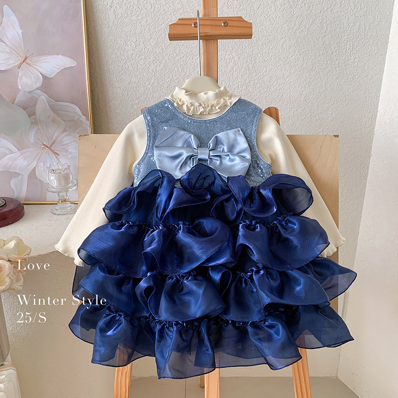 Girls' Winter Clothing 2025 Girls' Sleeveless Fleece Cake Fluffy Dress Bottom Fleece Top Two-piece Set