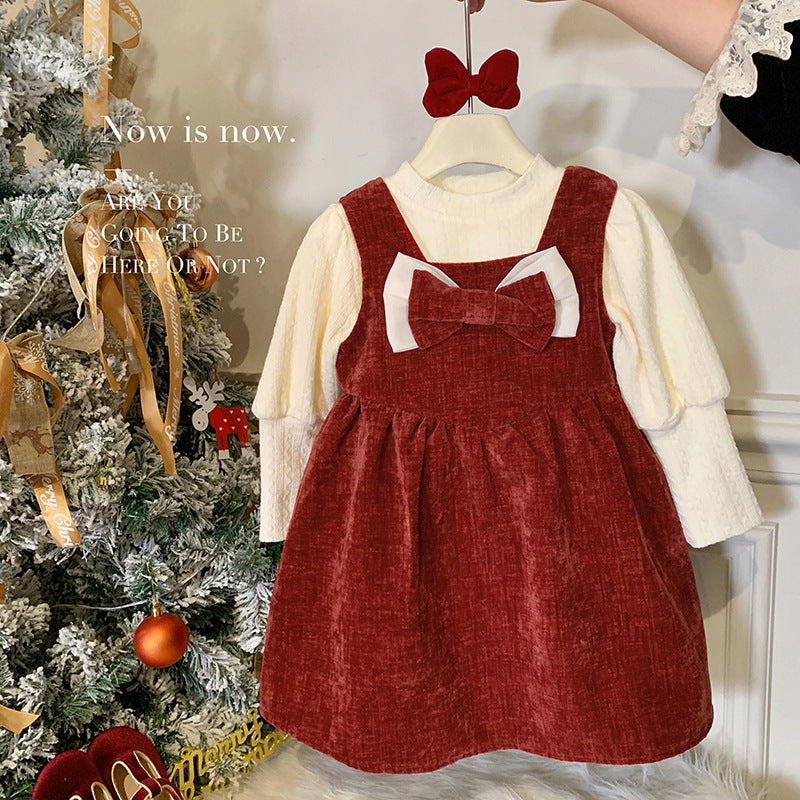 Girls' dress autumn and winter velvet thickened Korean version set, foreign style red baby girl one-year-old dress two-piece set