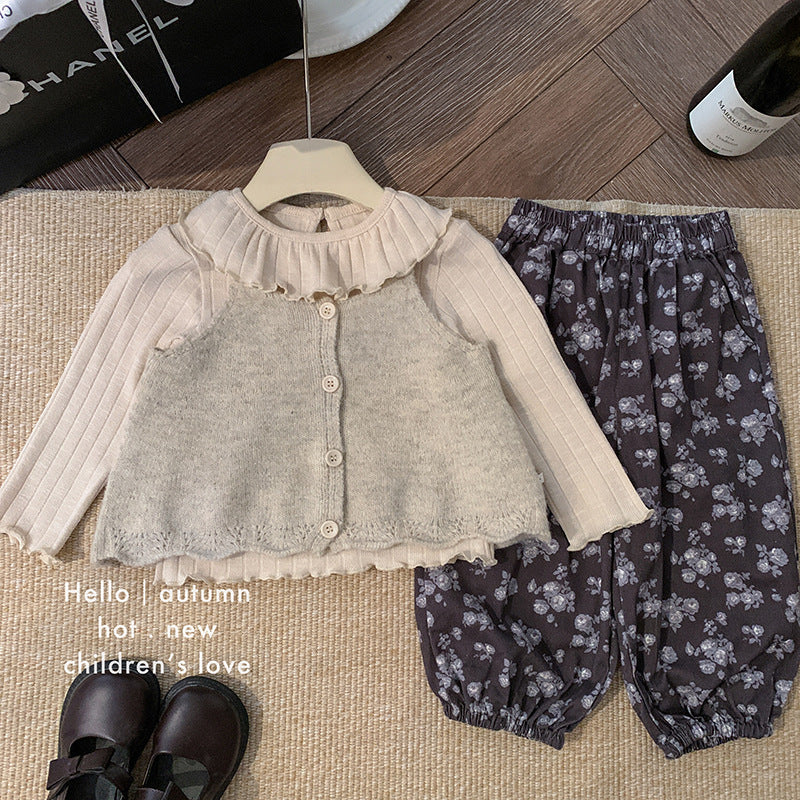 女童针织背心马甲秋季童装花边娃娃领上衣打底衫碎花裤子三套装