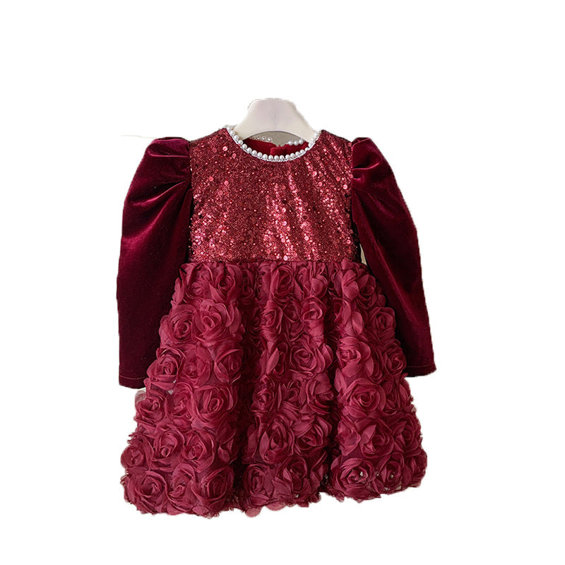 2025新款女童新中式网纱蓬蓬连衣裙女宝宝洋气圣诞加绒亮片公主裙