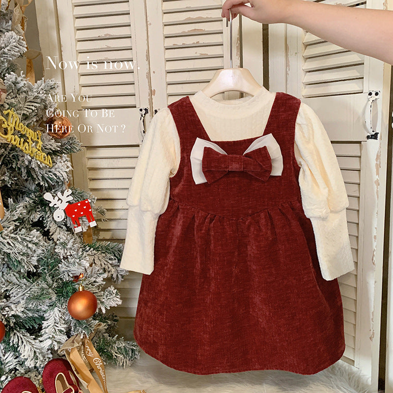 Girls' dress autumn and winter velvet thickened Korean version set, foreign style red baby girl one-year-old dress two-piece set