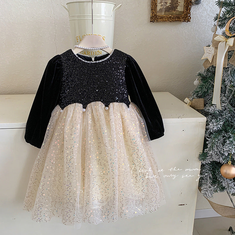 Korean version 2025 winter velvet mesh splicing long-sleeved dress pink sequined princess dress birthday dress dress dress