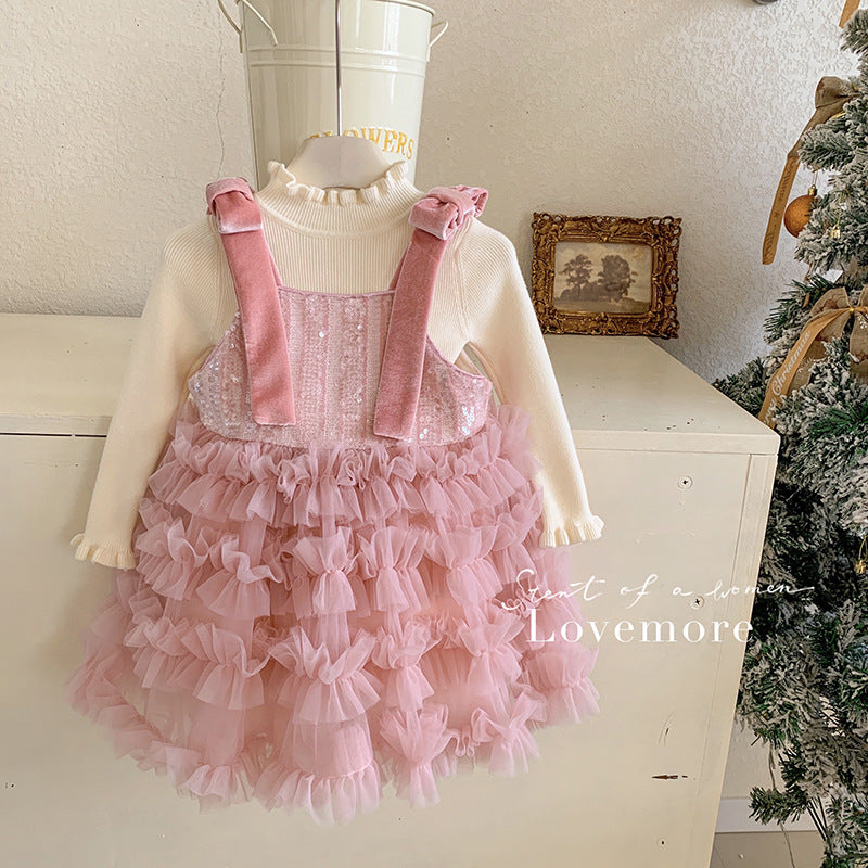 Girls fleece suspender dress winter new sweet girls mesh puffy princess dress without fleece sweater