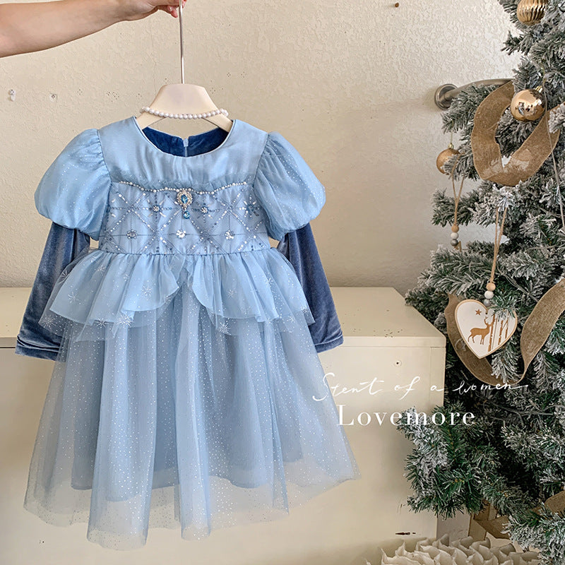 Girls Elsa Princess Dress 2025 Fleece Children's Christmas Dress Children's Baby Winter Elsa Dress