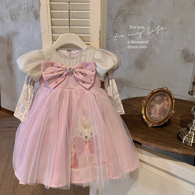 Korean version of girls' autumn bow sweet dress 2023 new children's mesh princess dress birthday dress dress dress