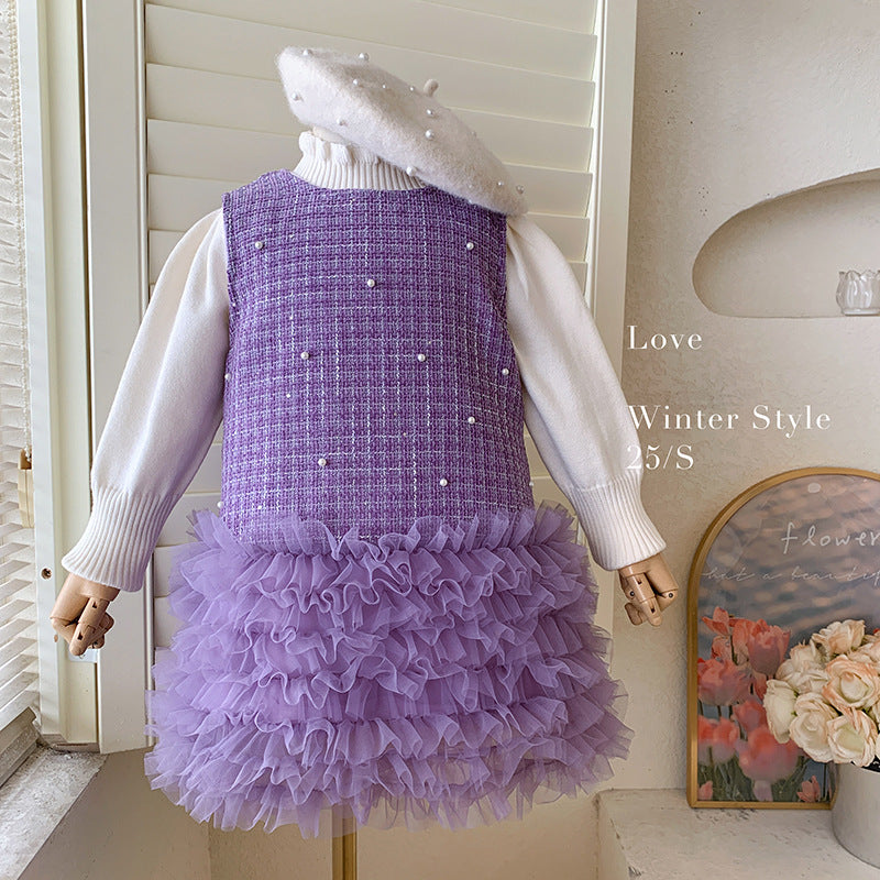 Korean version of girls' autumn and winter sleeveless back bow velvet small fragrant vest skirt without velvet knitted top two-piece set