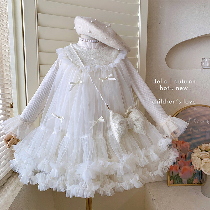 Foreign baby girl bottoming top sleeveless bow puffy dress two-piece set