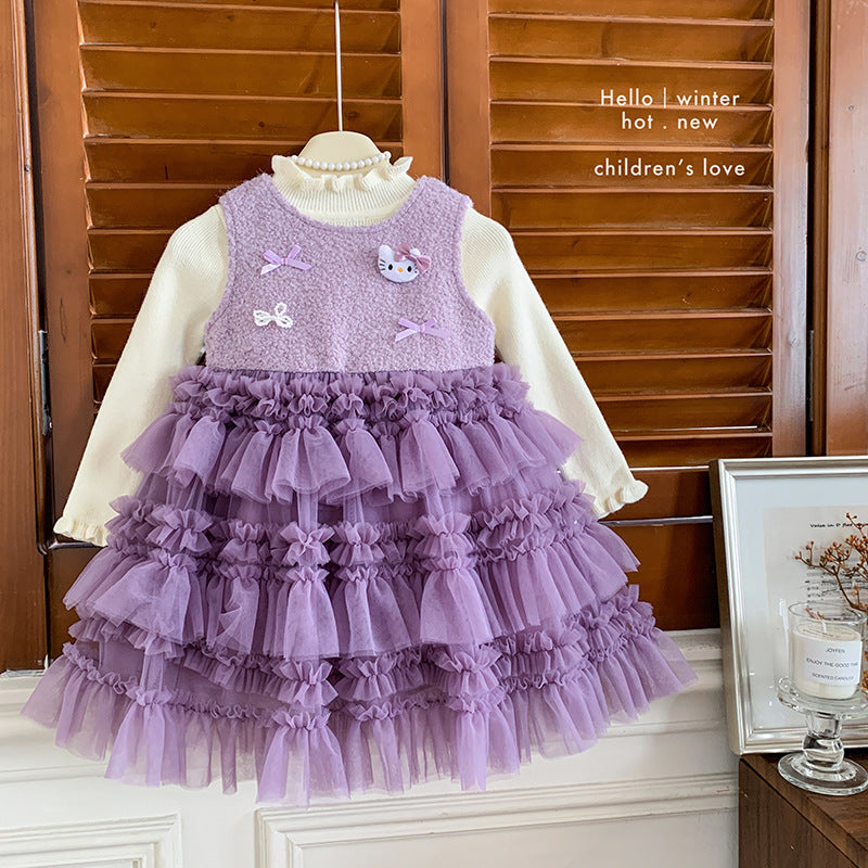 女童连衣裙冬款2025新款针织毛衣无袖加绒kt猫蛋糕连衣裙两件套