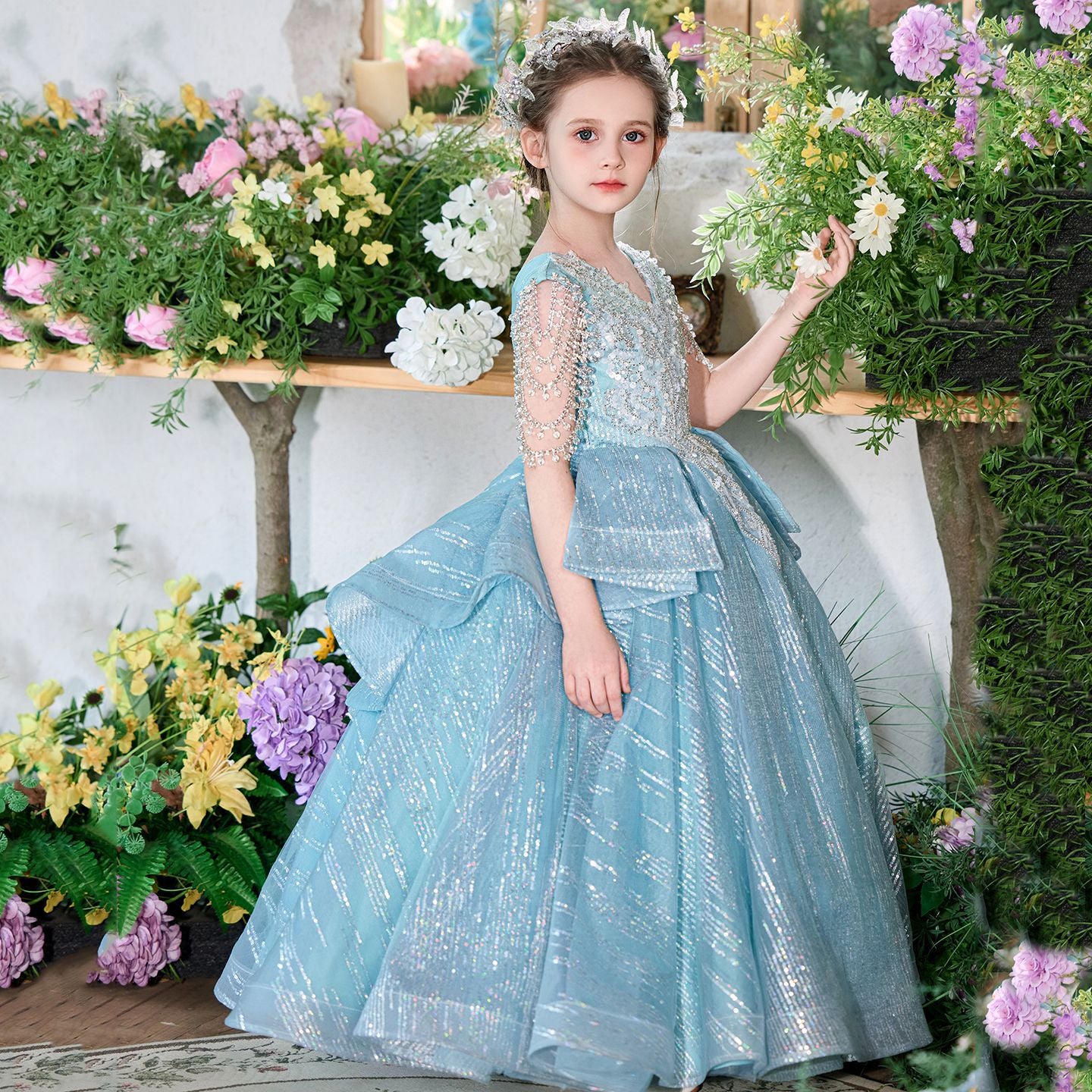 High - end Luxury Kids' Host Evening Gown for Birthday & Piano Performance