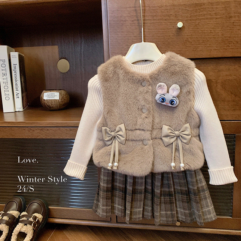 童装女童冬季毛毛马甲套装加绒裙子宝宝针织毛线衣三件套半身裙潮