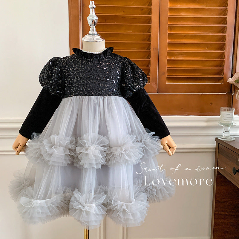 女童公主裙秋冬儿童加绒时尚网纱生日礼服裙蓬蓬裙女孩连衣裙