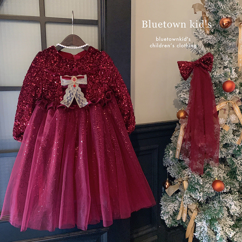 Girls dress winter 2025 new velvet christmas new year sequined princess gauze dress foreign fashion dress dress