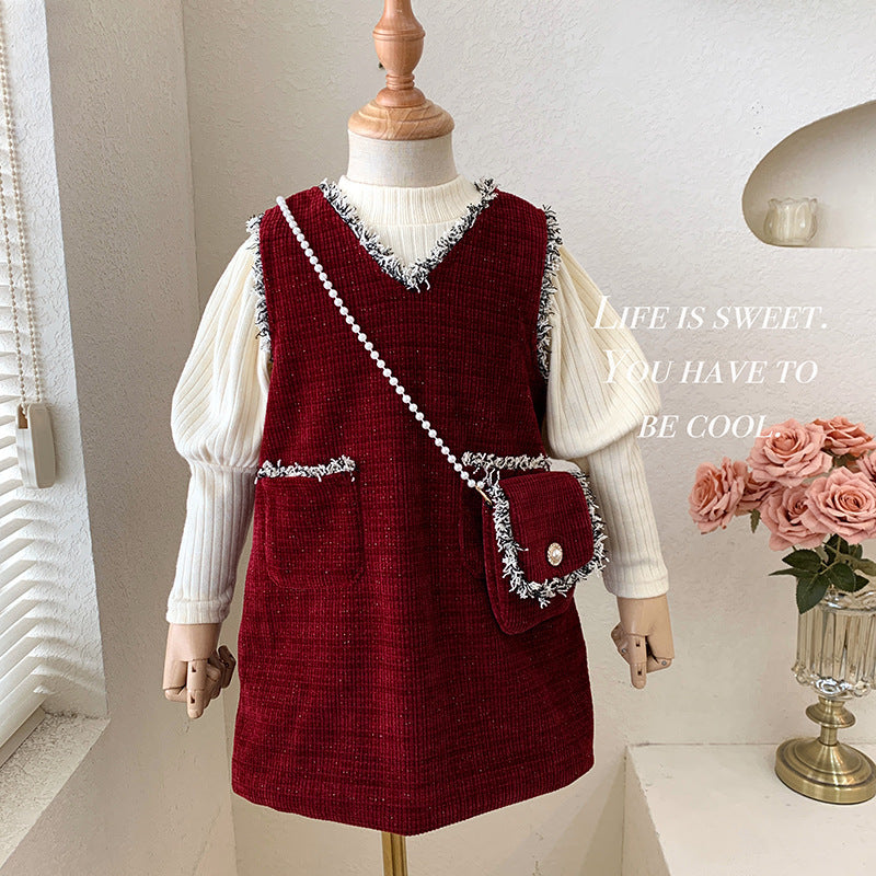 Girls' suit, velvet and thicker 2025 new Korean version of baby girl bubble sleeves, Xiaoxiangfeng princess skirt two-piece set