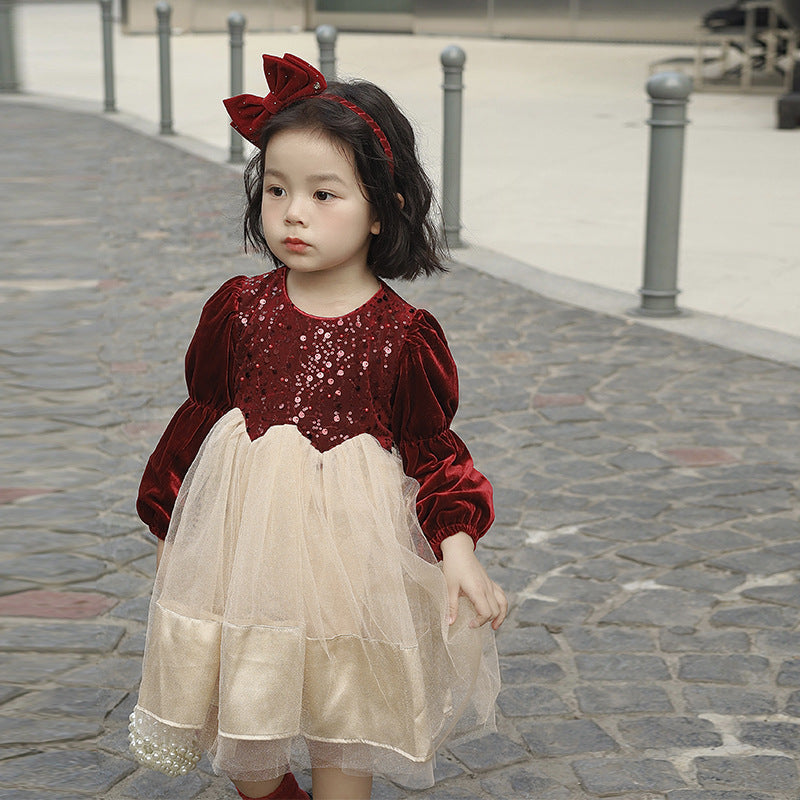 Girls dress autumn and winter 2025 new foreign style dress girls fleece thickened princess dress fluffy gauze skirt