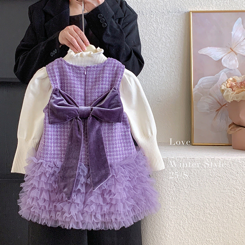 Korean version of girls' autumn and winter sleeveless back bow velvet small fragrant vest skirt without velvet knitted top two-piece set