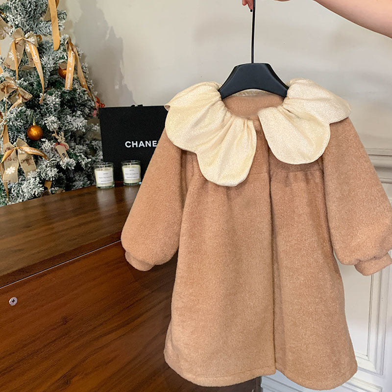 Girls' New Year's greetings red woolen jacket 2025 autumn and winter children's gas doll shirt collar clip cotton coat
