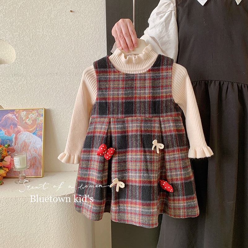 Dress children's clothing girls two plaid fleece dress new little girl no fleece knitted sweater set