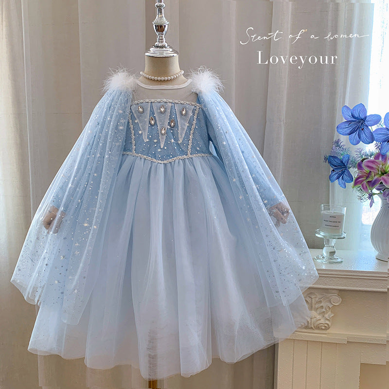 Female Treasure Fluffy Gauze Dress with Shawl Removable Frozen Dress