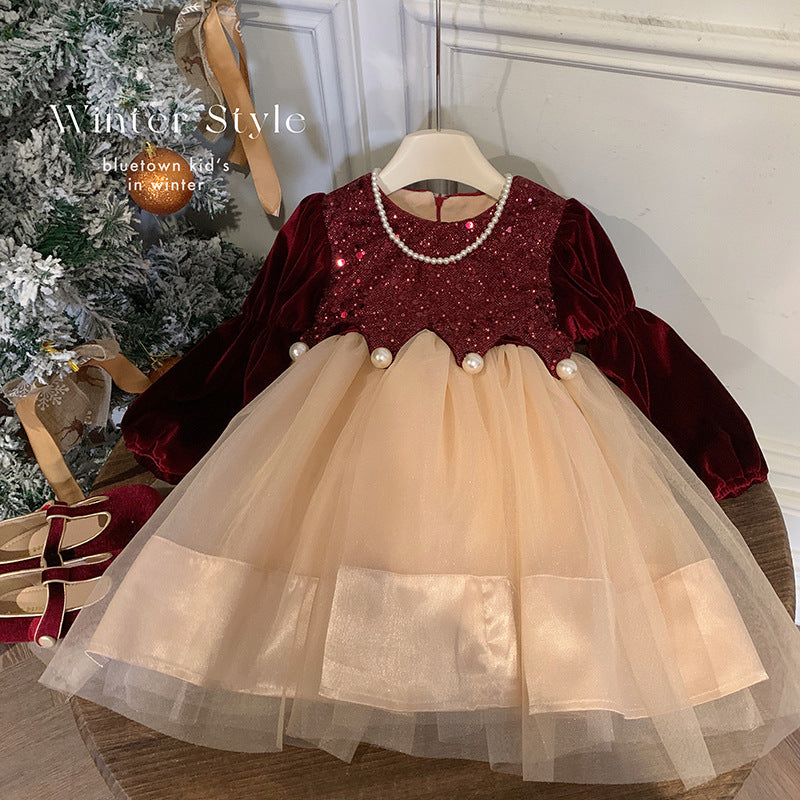 Girls velvet dress children 2025 new foreign style winter princess skirt baby year old red dress skirt