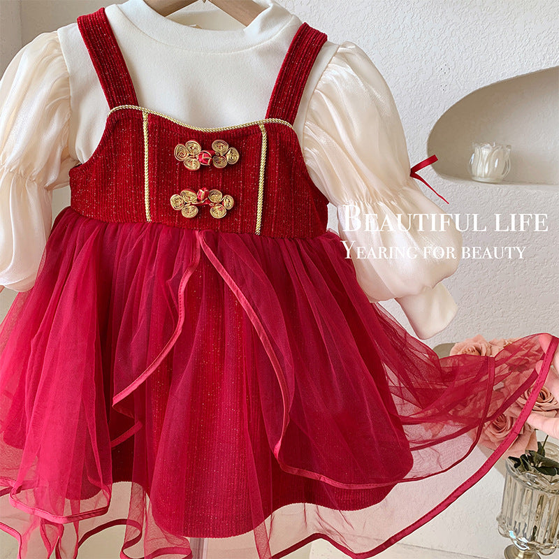 Girls' suit skirt winter 2025 new foreign style baby red New Year's dress velvet thickened princess skirt two-piece set