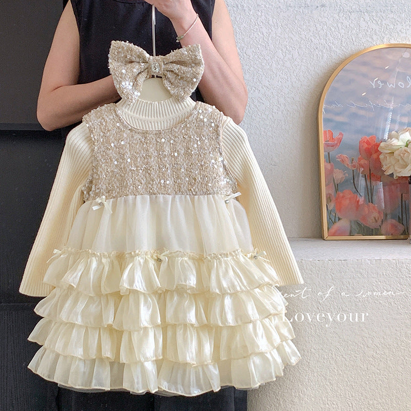 Girls autumn and winter 2025 new sleeveless sequined fleece dress without fleece knitted top two-piece set