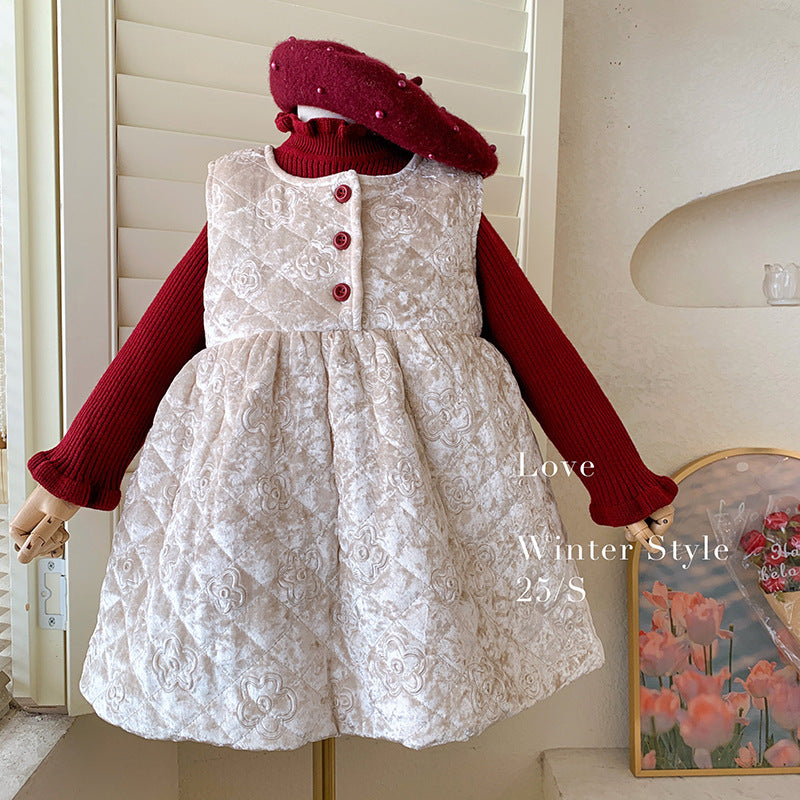 Korean version of girls' autumn and winter padded vest dress knitted top without velvet fashion foreign style two-piece set