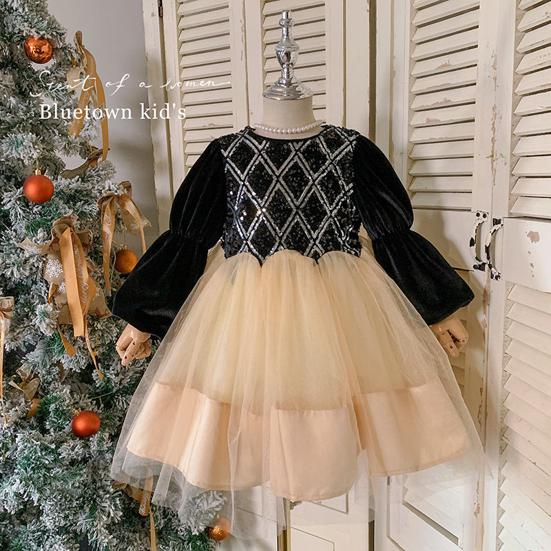 Girls' velvet dress children's clothing 2025 new baby princess dress foreign style children's New Year red skirt fashionable