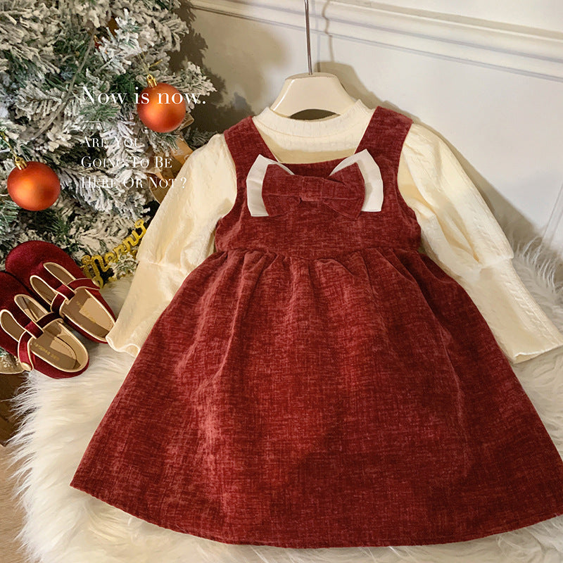 Girls' dress autumn and winter velvet thickened Korean version set, foreign style red baby girl one-year-old dress two-piece set