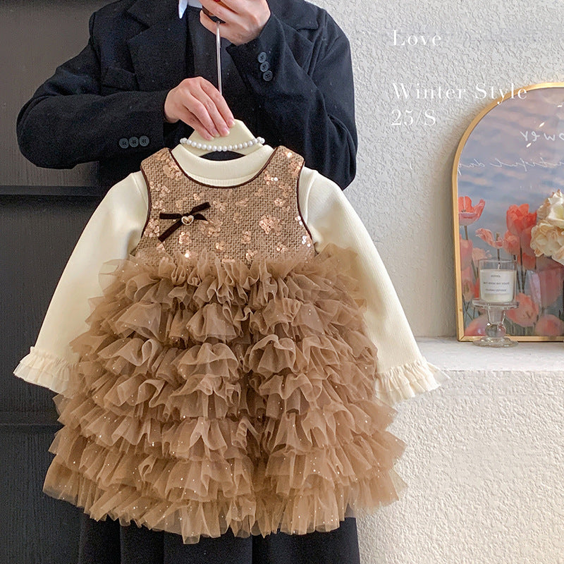 Korean version of girls' winter 2025 new foreign style sleeveless velvet Xiaoxiang fluffy dress with velvet base two-piece set