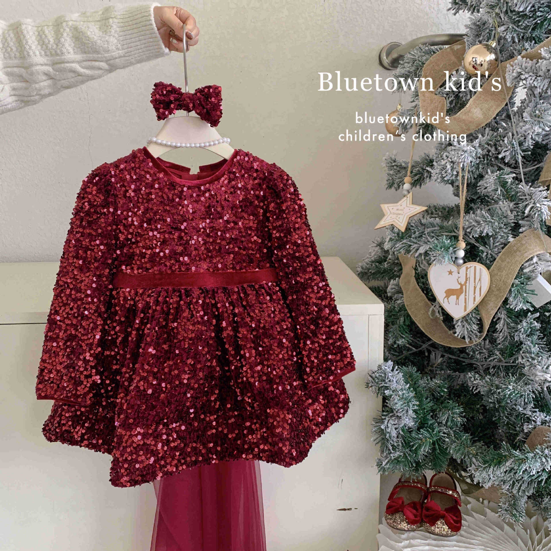 秋季爆闪亮片裙女童公主裙重工小女孩生日裙蝴蝶结拖尾网纱小礼服