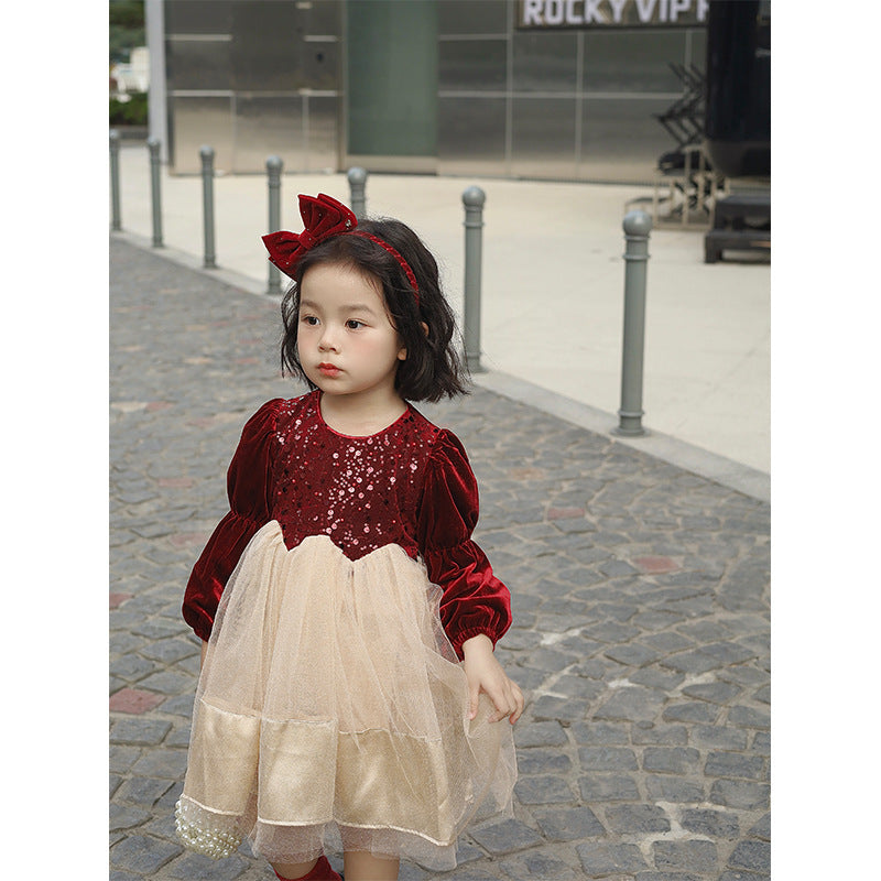 Girls dress autumn and winter 2025 new foreign style dress girls fleece thickened princess dress fluffy gauze skirt