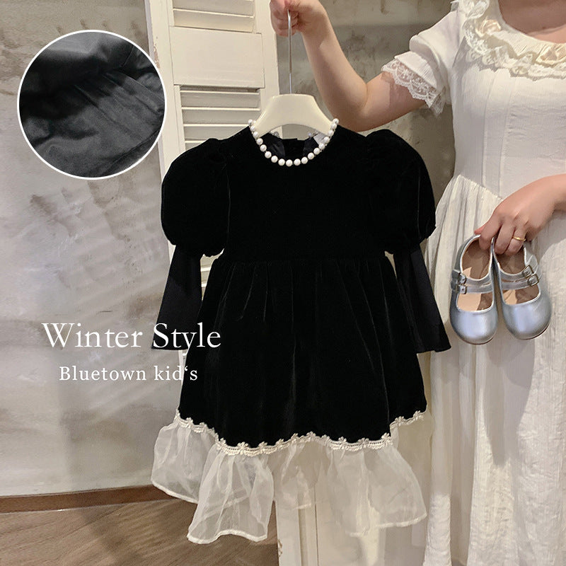 2025 winter children's clothing girls princess dress foreign style Hepburn style black dress velvet thickened dress skirt tide
