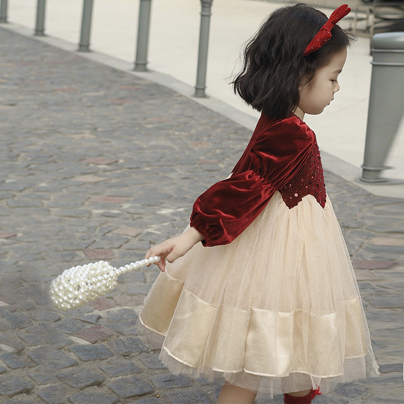 Girls dress autumn and winter 2025 new foreign style dress girls fleece thickened princess dress fluffy gauze skirt