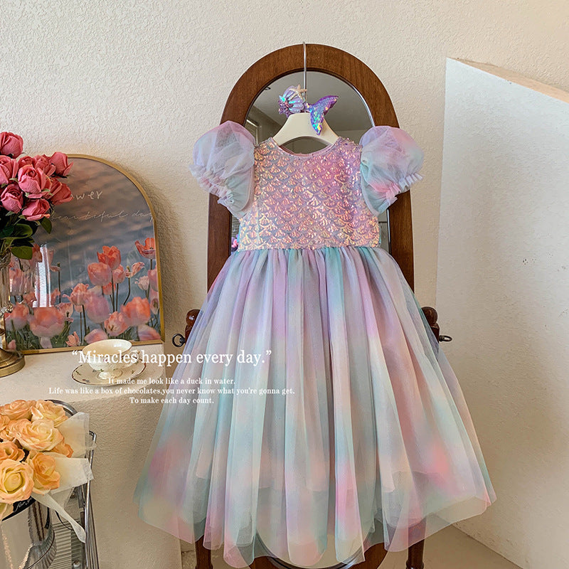 Girls' Mermaid Princess Dress - Trendy Gradient Color Block