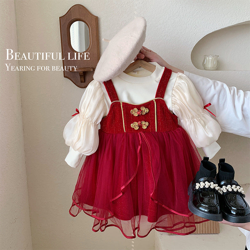 Girls' suit skirt winter 2025 new foreign style baby red New Year's dress velvet thickened princess skirt two-piece set