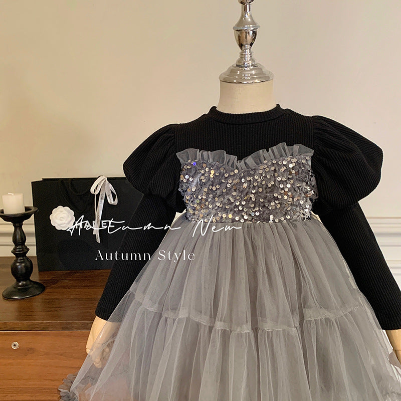 韩版童装女童秋季连衣裙儿童高级感网纱公主裙小女孩灰色礼服裙