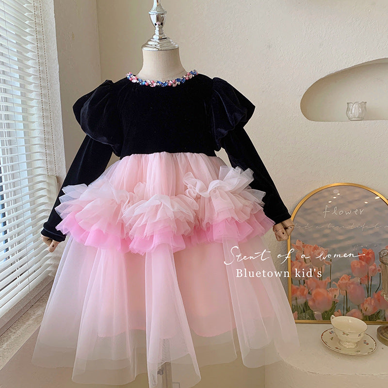 Children's clothing girls velvet bubble sleeve dress autumn and winter children's baby girl mesh velvet princess dress foreign style