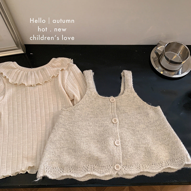 女童针织背心马甲秋季童装花边娃娃领上衣打底衫碎花裤子三套装