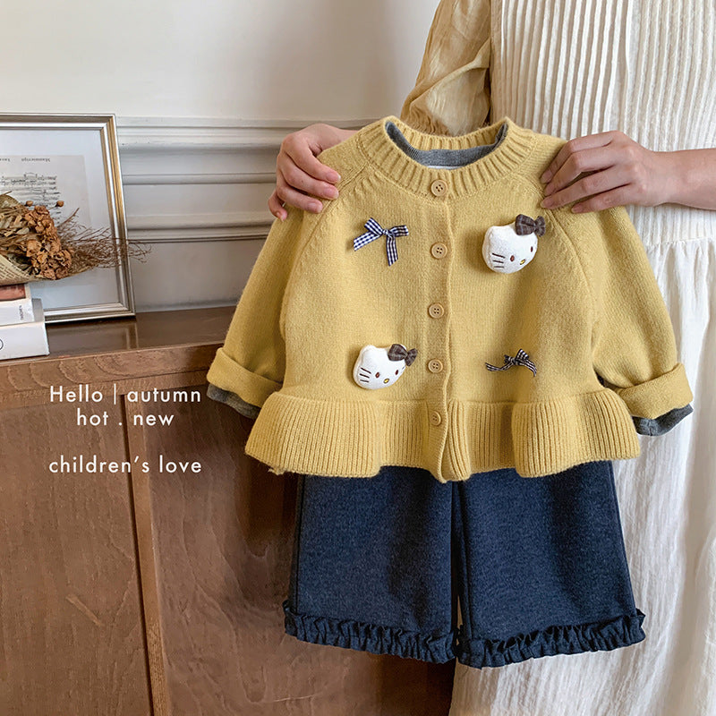 Girls' knitted vest, lace doll collar top, and wide-leg pants three-piece set for autumn children's clothing